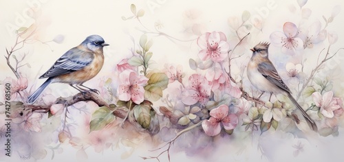 Watercolor floral illustration, cute birds on cherry blossom branches, spring pink sakura blossom flower border on abstract pastel background for wedding and greeting cards, composition Generative AI