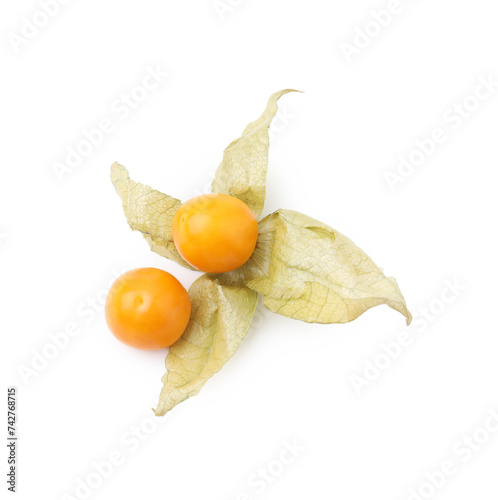 Ripe physalis fruits isolated on white, top view