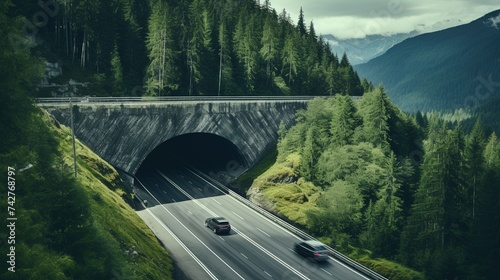 A bird's eye view of a car tunnel in the mountains. Beautiful wallpapers for tourism and advertising. Generative AI © kovalovds