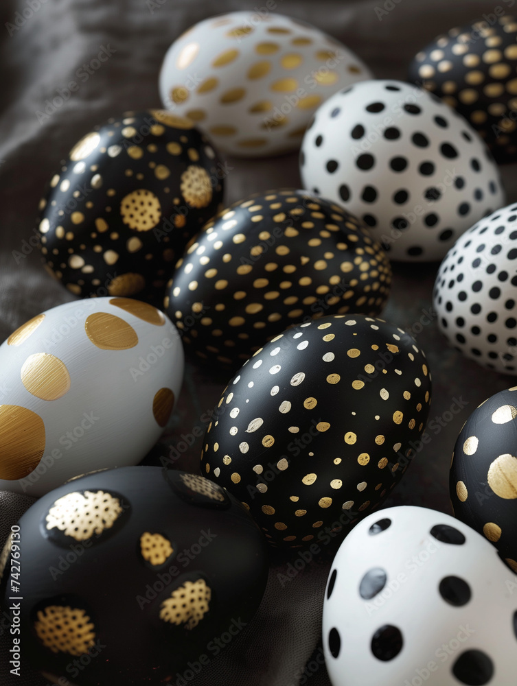 Easter background with dotted gold, white and black eggs on a dark surface. Minimal easter idea