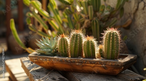 A potted succulent in a wooden planter basking in natural light outdoors.