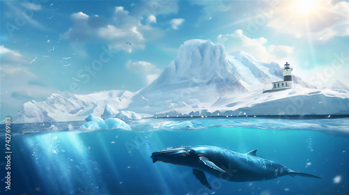 iceberg in polar regions with light house and blue whale under water