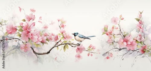 Watercolor floral illustration, cute bird on cherry blossom branches, spring pink sakura blossom flower border on abstract pastel background for wedding and greeting cards, composition Generative AI © Iaroslav Lazunov