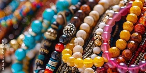 Detailed shot of a variety of vibrant bracelets adorned with various accessories. photo