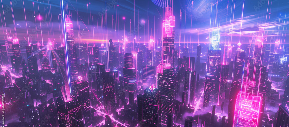 A digital illustration of a 5G wireless network in action, showcasing high-speed internet connectivity with vibrant beams of light crisscrossing over a futuristic cityscape.