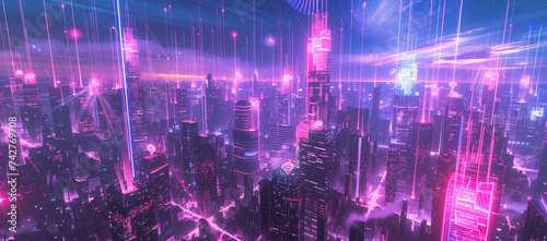 A digital illustration of a 5G wireless network in action, showcasing high-speed internet connectivity with vibrant beams of light crisscrossing over a futuristic cityscape.