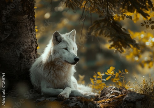 A majestic white wolf finds solace under the sheltering embrace of a tree, blending in with its canine kin while basking in the freedom of the great outdoors