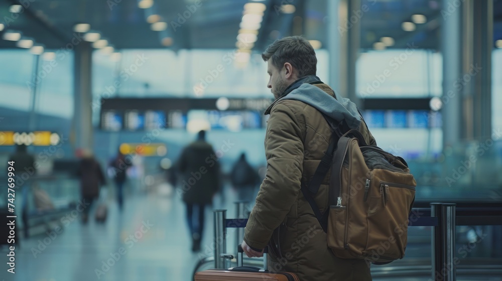 Man at the airport. A man has hand luggage with him and is waiting in line to check in. Man at the airport. A man has hand luggage with him and is waiting in line to check in.