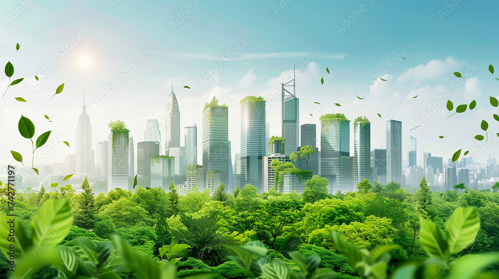 Eco friendly urban panorama with green roofs and renewable energy ...