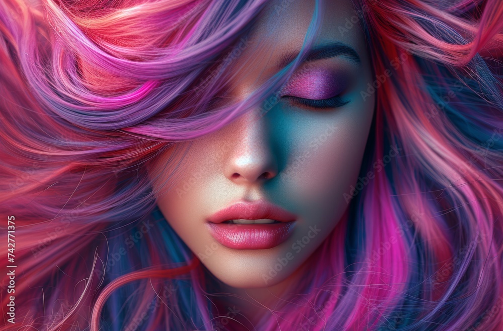 A vibrant woman with a striking face, adorned with a bold magenta hair color and complementing red lipstick, exudes confidence and individuality with her long pink hair and precise eye liner A vibrant woman with a striking face, adorned with a bold magenta hair color and complementing red lipstick, exudes confidence and individuality with her long pink hair and precise eye liner