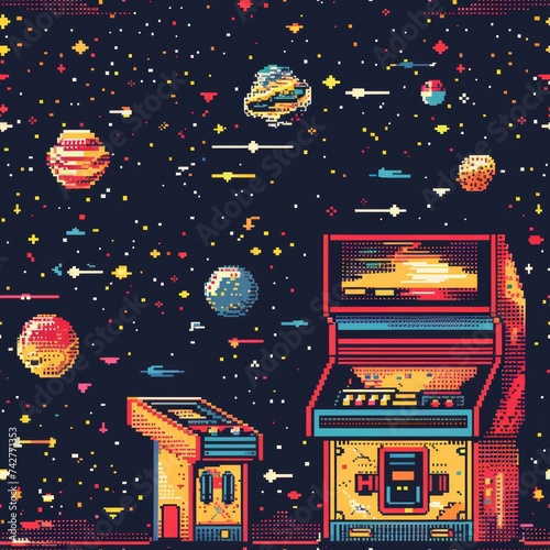Retro 80s arcade games pixelated for nostalgic clothing lines photo
