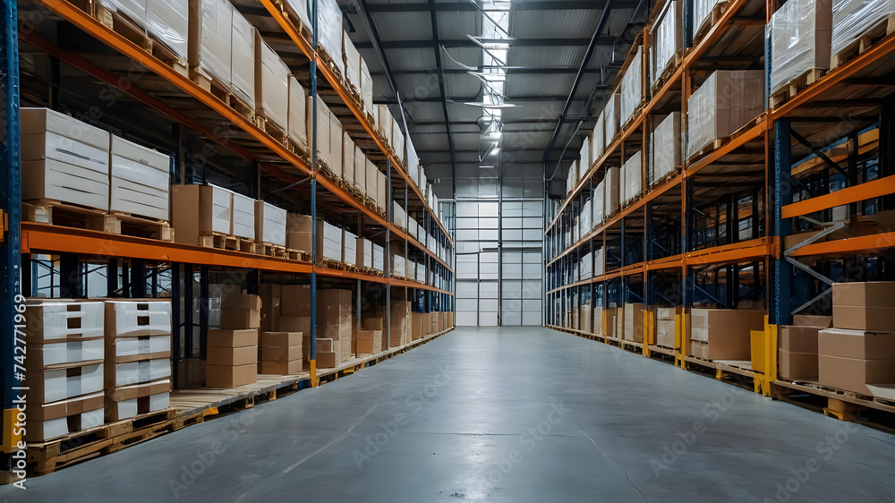 Industrial distribution center featuring towering shelves laden with cardboard boxes and pallets, embodying a lawful warehouse environment concept.