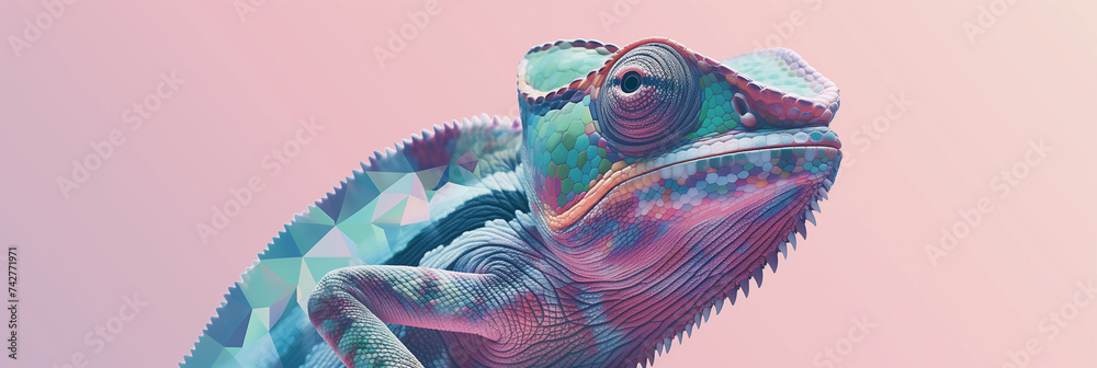 chameleon sporting futuristic sunglasses, set against a vibrant solid color panorama. - obrazy, fototapety, plakaty 