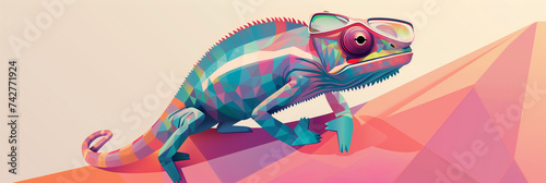 chameleon sporting futuristic sunglasses, set against a vibrant solid color panorama.