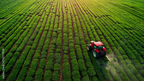 Futuristic farming on display as a tractor navigates green tea fields applying fertilizer with precision for sustainable growth