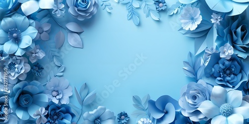 Background of blue paper flowers with empty space for text or greeting card design. Postcard for International Women's Day and Mother's Day