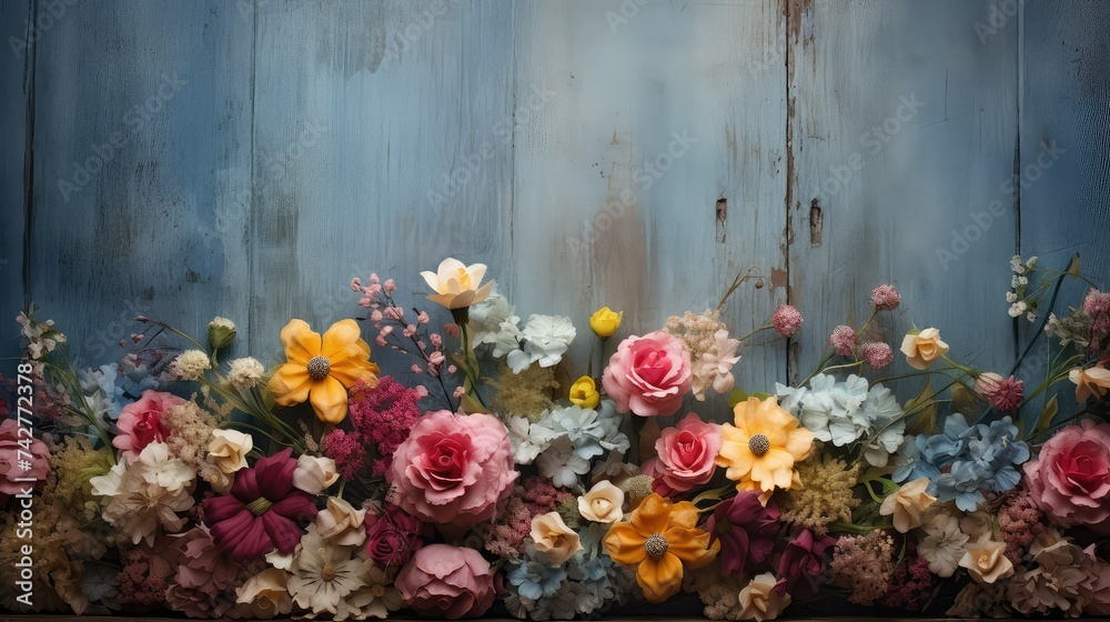 Fototapeta premium garden flowers dark wood