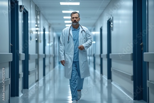 A man physician strolling through a medical facility hallway. photo
