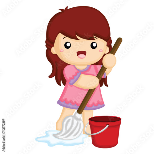 Cute Kids Doing Healthy Lifetyle Housework Activity Cartoon Illustration vector Clipart Sticker Decoration