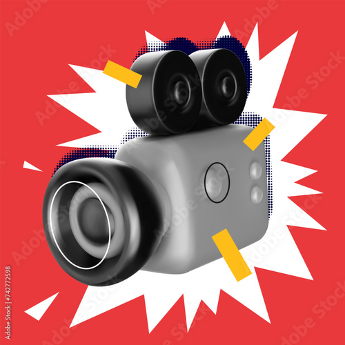 Abstract modern art collage composition with video camera and decorative elements. Creative bright trendy concept illustration. Stylish vector background for cover banner, poster, card.