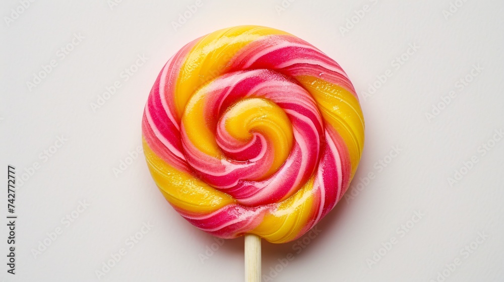 A varicolored pink and yellow swirl candy on a stick, isolated on a white background. A varicolored pink and yellow swirl candy on a stick, isolated on a white background.