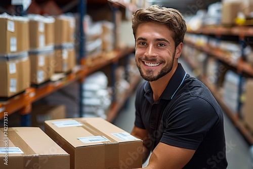 worker in warehouse, Worker Wearing Hard Hat Holding Digital Tablet Computer Walking Through Retail Warehouse full of Shelves with Goods. Working in Logistics and Distribution Center