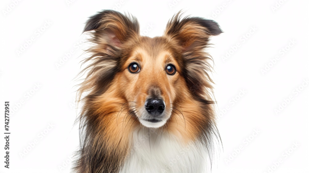 A photograph of a pedigree shetland canine against a blank backdrop.