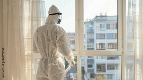 Photography of disinfector in white overalls in an apartment with the necessary equipment in his hands photo