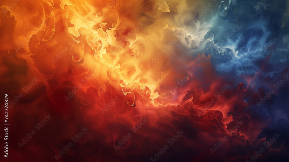 An abstract canvas painted with deep reds, golds, and sapphire blues, arranged in a dynamic composition that evokes a fantasy world's fiery skies and mystical oceans. - obrazy, fototapety, plakaty 