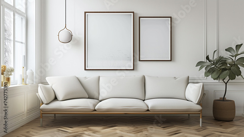 A 3D-rendered Scandinavian interior poster mock-up, showcasing a white minimalist living room.