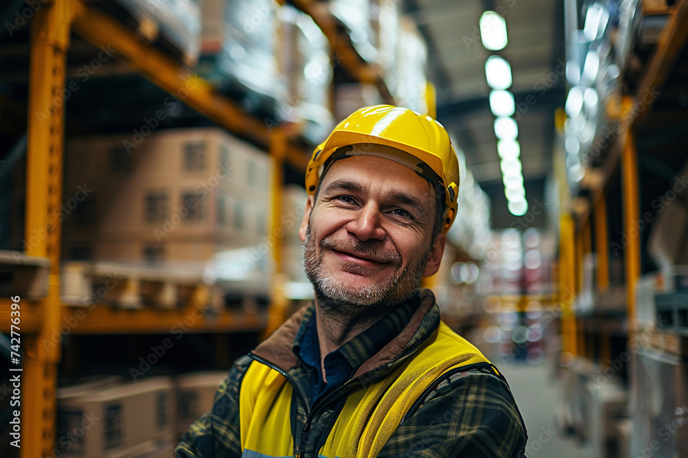 worker in warehouse, Worker Wearing Hard Hat Holding Digital Tablet Computer Walking Through Retail Warehouse full of Shelves with Goods. Working in Logistics and Distribution Center