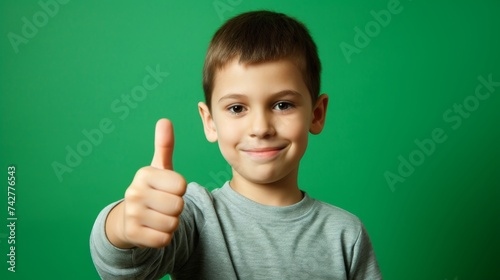 Cropped portrait of a smiling young boy showing thumb up isolated over green background