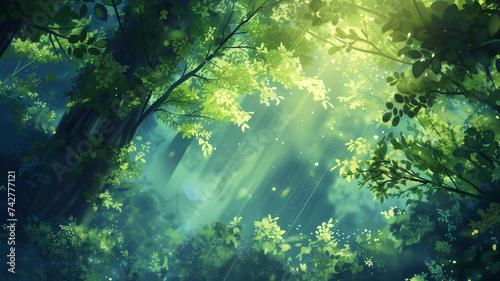 An enchanted forest scene, viewed from the ground, with sunlight streaming through the green leaves, casting dappled light patterns against the backdrop of a bright blue sky.