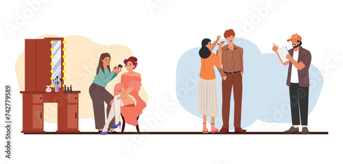 Makeup artist preparing face skin of actress with brush before shooting. Work of make-up master applying powder during preparation for filming. Flat vector illustration isolated on white background