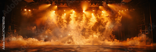 Theater stage or concert stage with thin smoke illuminated with spotlights, A runway with spotlights on it,
 photo