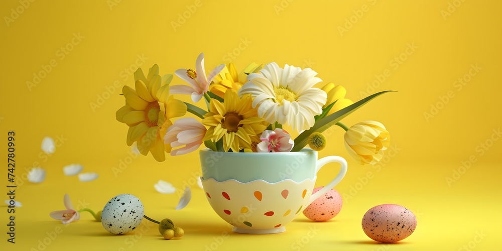 Easter egg and spring flowers in a cup of tea on a yellow background, creative Easter holiday concept, minimalism for postcard design Easter egg and spring flowers in a cup of tea on a yellow background, creative Easter holiday concept, minimalism for postcard design