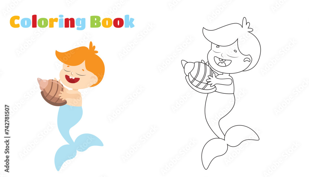 Coloring page. Mermaid boy with seashell in cartoon style isolated on white background. Coloring page. Mermaid boy with seashell in cartoon style isolated on white background.