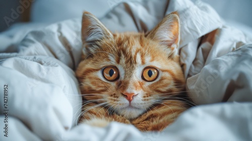 Animal pet photography background - Relaxing sweet cute cat kitten lying on cozy blanket in bed or on the sofa © Corri Seizinger