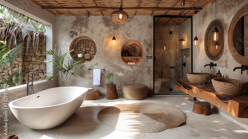 Tranquil retreat: bathroom adorned with stone accents offers a timeless, serene atmosphere © Emiliia