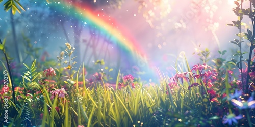 Illustration of nature and rainbow for international children's day with place for text. With Generative AI tehnology