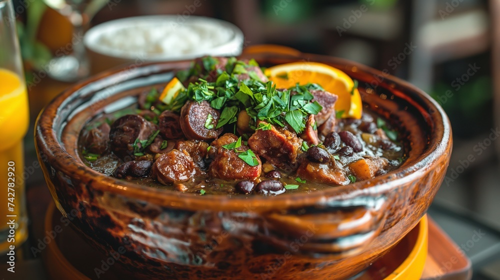 A Brazilian feijoada, served in a traditional black bean stew with pork, beef, and sausages, accompanied by rice, collard greens, A Brazilian feijoada, served in a traditional black bean stew with pork, beef, and sausages, accompanied by rice, collard greens,