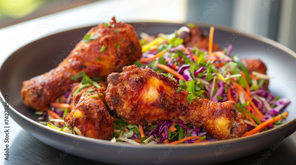 Fried chicken legs served with a colorful and crunchy vegetable slaw. 8k Fried chicken legs served with a colorful and crunchy vegetable slaw. 8k