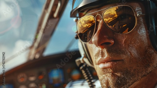 Close-up portrait of airplane pilot during flight. Concentrated, attentive look © master1305