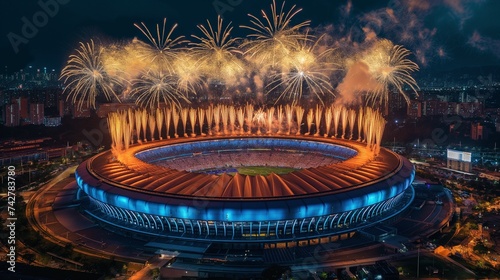 A breathtaking view of the Olympic stadium during the opening ceremony, with fireworks illuminating the night sky, athletes and spectators gathered in celebration. 8k photo