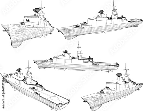 Sketch vector illustration design of a combat warship with full weapons