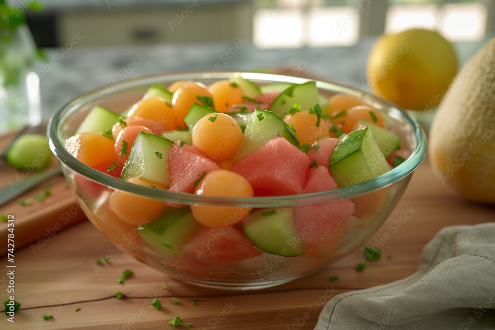 A classic summer fruit salad in a round glass bowl, with watermelon, cantaloupe, honeydew slices, and a sprinkle of fresh lemon zest. 8k A classic summer fruit salad in a round glass bowl, with watermelon, cantaloupe, honeydew slices, and a sprinkle of fresh lemon zest. 8k