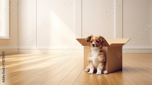 cute dog in cardboard box in room