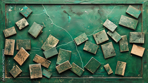 Weathered copper geometric shapes on a patinated turquoise background.