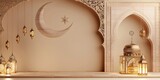  Property of mosque, crescent moon and lit lantern on beige background with empty space