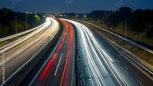 Red taillights blur into streaks of light as cars speed down a dark highway at night © Gohgah